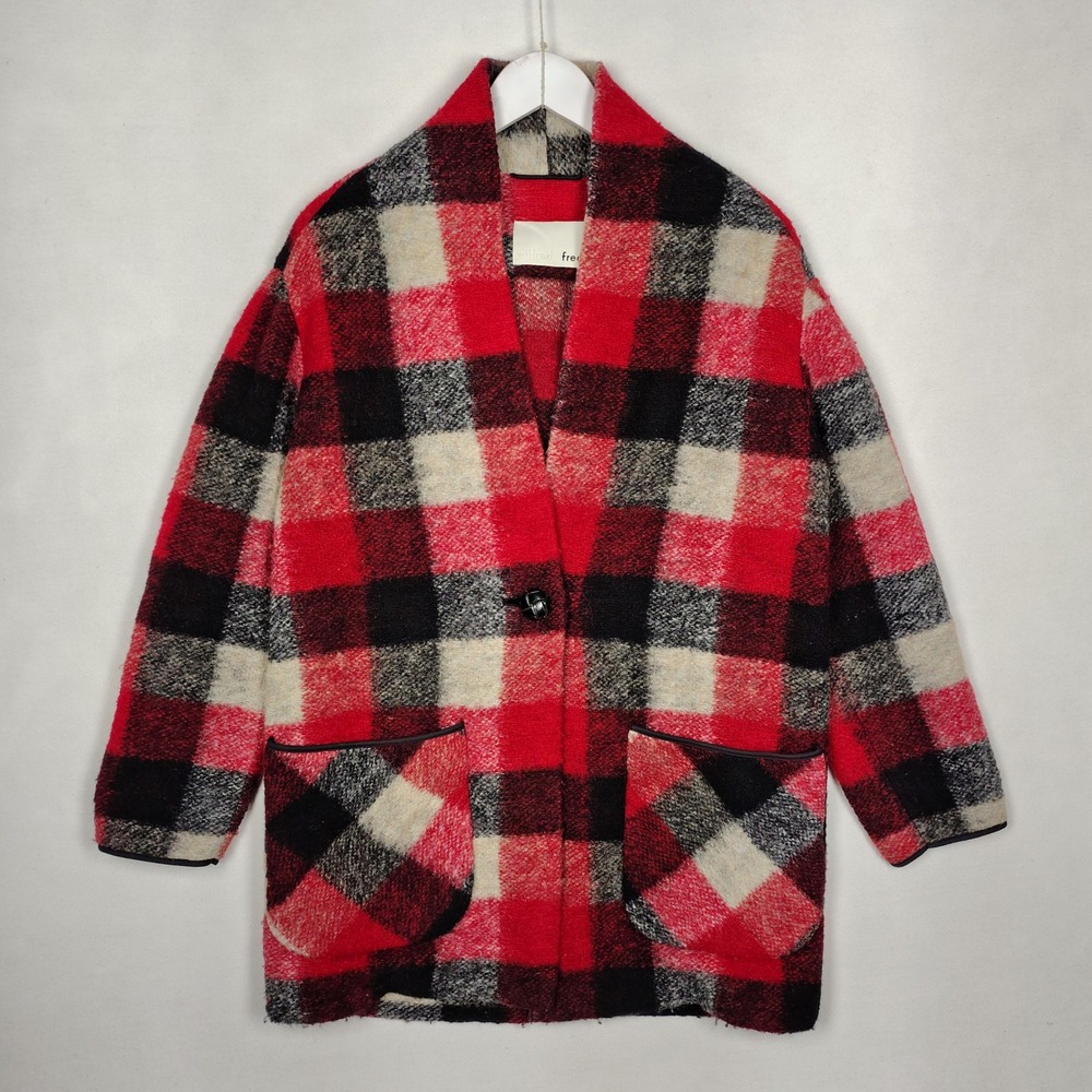 Wilfred Free Aritzia Red Black Buffalo Plaid Knit Cardigan Coat Jacket Small